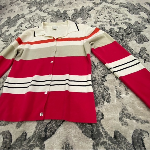 Red, Tan & Creme Button Up Collared Sweater - Picture 2 of 4